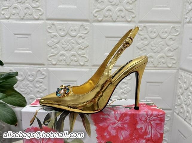 Luxury Dolce & Gabbana Patent Calfskin Slingback Pumps 10.5cm with Crystals DG Gold 325099