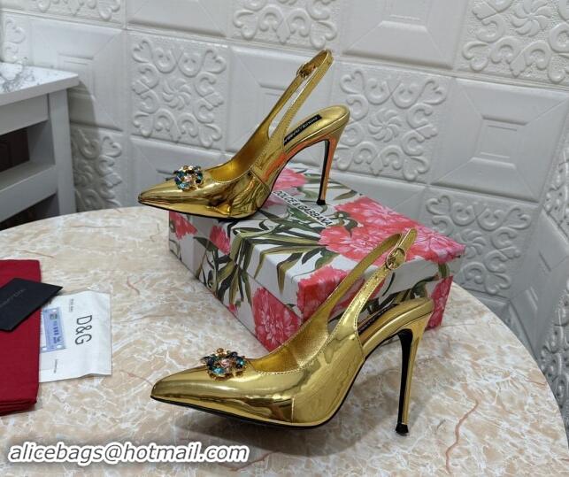 Luxury Dolce & Gabbana Patent Calfskin Slingback Pumps 10.5cm with Crystals DG Gold 325099