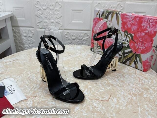 Good Quality Dolce & Gabbana Patent Calfskin Sandals 10.5cm with DG Heel Black 325100