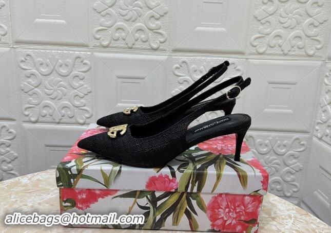 Classic Hot Dolce & Gabbana DG Straw-Like Slingback Pumps 6.5cm Black 325106