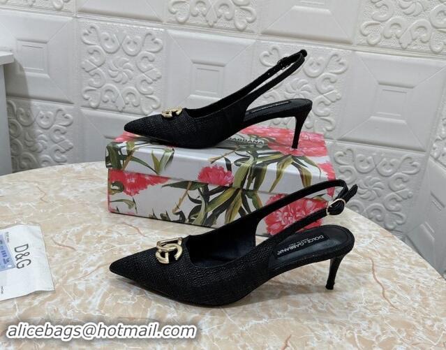 Classic Hot Dolce & Gabbana DG Straw-Like Slingback Pumps 6.5cm Black 325106