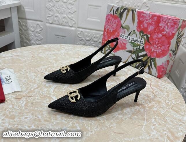 Classic Hot Dolce & Gabbana DG Straw-Like Slingback Pumps 6.5cm Black 325106