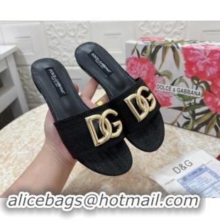 Luxurious Dolce & Gabbana DG Straw-Like Flat Slide Sandals Black 325120