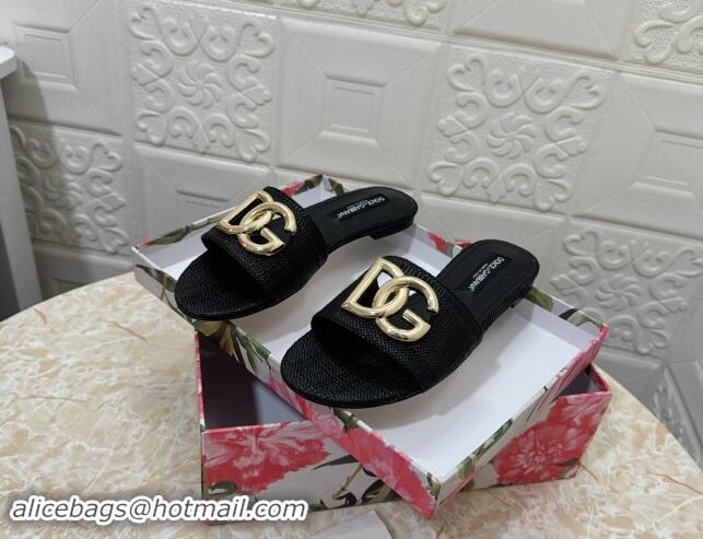 Luxurious Dolce & Gabbana DG Straw-Like Flat Slide Sandals Black 325120