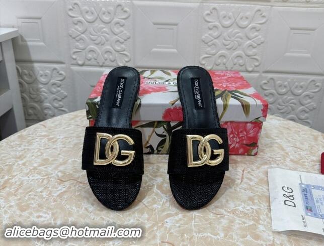 Luxurious Dolce & Gabbana DG Straw-Like Flat Slide Sandals Black 325120