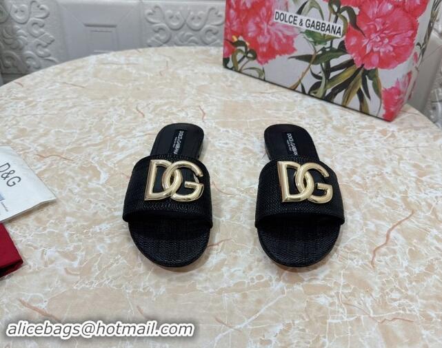 Luxurious Dolce & Gabbana DG Straw-Like Flat Slide Sandals Black 325120