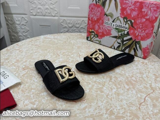 Luxurious Dolce & Gabbana DG Straw-Like Flat Slide Sandals Black 325120