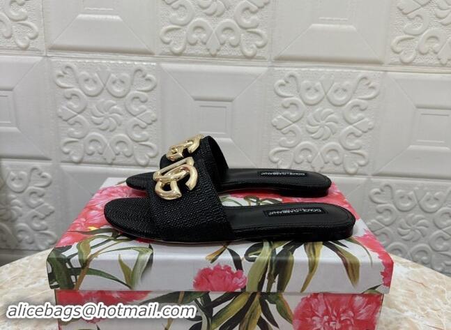 Luxurious Dolce & Gabbana DG Straw-Like Flat Slide Sandals Black 325120