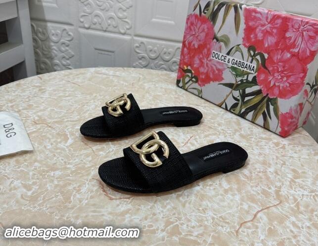 Luxurious Dolce & Gabbana DG Straw-Like Flat Slide Sandals Black 325120