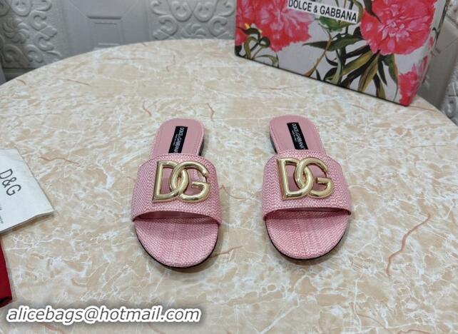 Unique Style Dolce & Gabbana DG Straw-Like Flat Slide Sandals Light Pink 325121