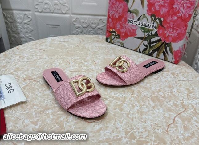 Unique Style Dolce & Gabbana DG Straw-Like Flat Slide Sandals Light Pink 325121