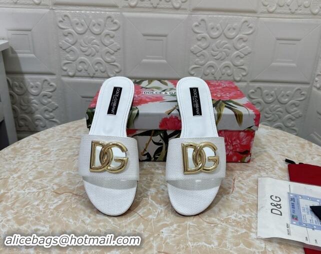 Shop Cheap Dolce & Gabbana DG Straw-Like Flat Slide Sandals White 325122