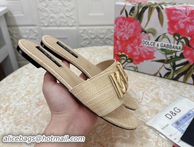 Low Price Dolce & Gabbana DG Straw-Like Flat Slide Sandals Beige 325123