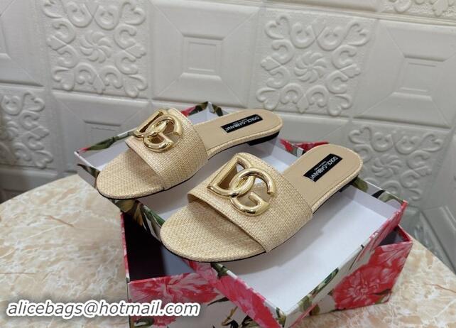 Low Price Dolce & Gabbana DG Straw-Like Flat Slide Sandals Beige 325123