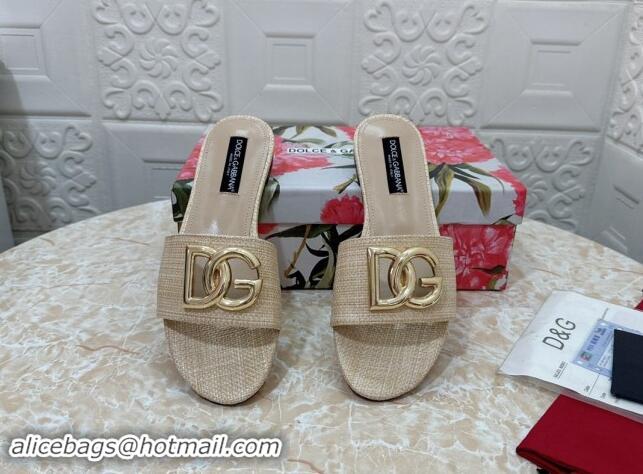 Low Price Dolce & Gabbana DG Straw-Like Flat Slide Sandals Beige 325123