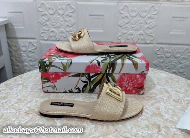 Low Price Dolce & Gabbana DG Straw-Like Flat Slide Sandals Beige 325123