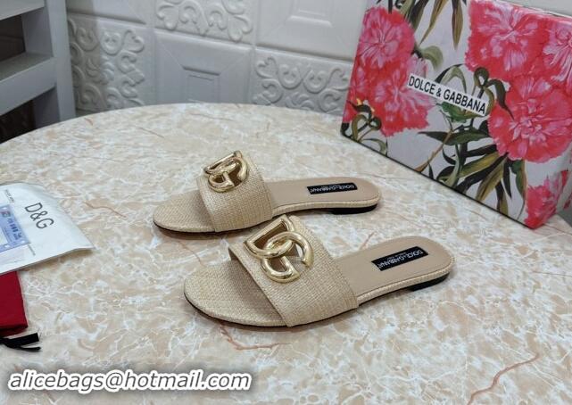 Low Price Dolce & Gabbana DG Straw-Like Flat Slide Sandals Beige 325123