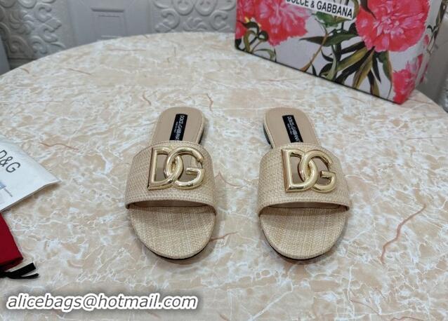 Low Price Dolce & Gabbana DG Straw-Like Flat Slide Sandals Beige 325123