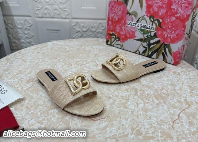 Low Price Dolce & Gabbana DG Straw-Like Flat Slide Sandals Beige 325123