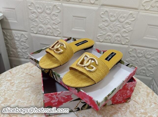 Buy Discount Dolce & Gabbana DG Straw-Like Flat Slide Sandals Yellow 325125