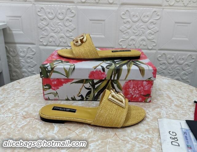 Buy Discount Dolce & Gabbana DG Straw-Like Flat Slide Sandals Yellow 325125