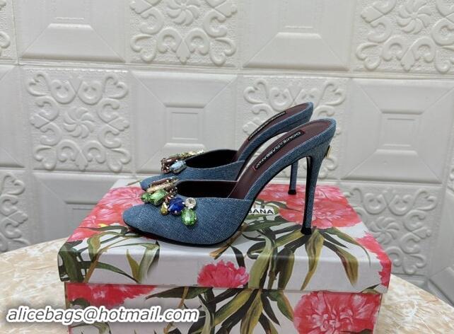 Best Price Dolce & Gabbana DG Denim Heel Slide Sandals 10.5cm with Crystal Stone Charm Blue 325127