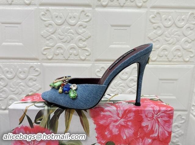 Best Price Dolce & Gabbana DG Denim Heel Slide Sandals 10.5cm with Crystal Stone Charm Blue 325127