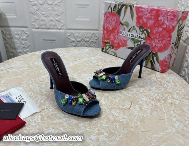 Best Price Dolce & Gabbana DG Denim Heel Slide Sandals 10.5cm with Crystal Stone Charm Blue 325127