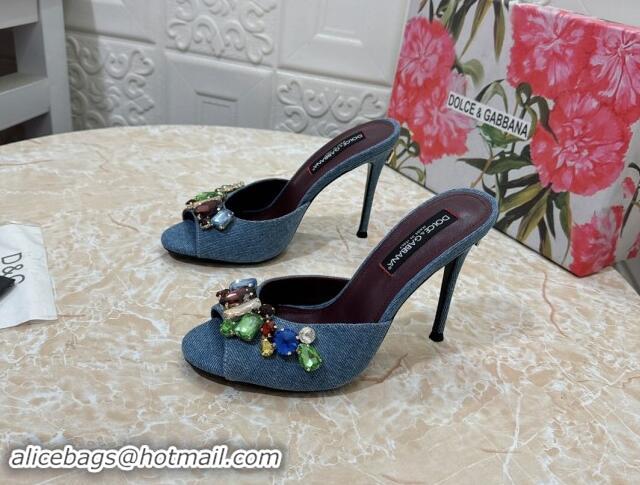 Best Price Dolce & Gabbana DG Denim Heel Slide Sandals 10.5cm with Crystal Stone Charm Blue 325127