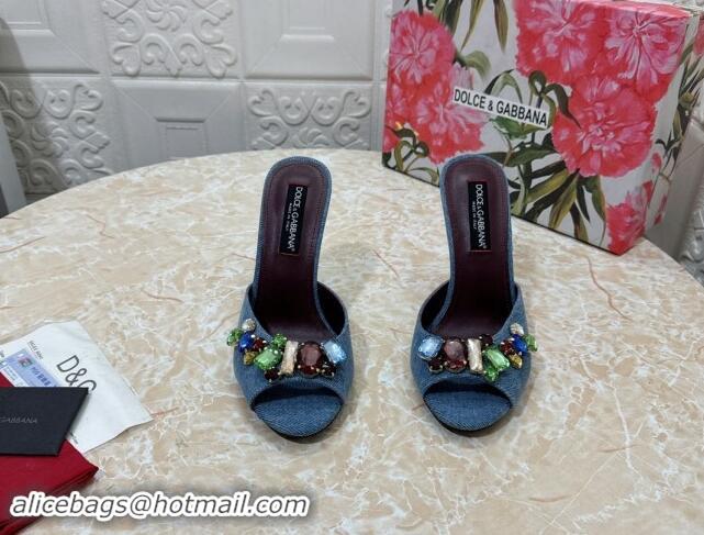 Best Price Dolce & Gabbana DG Denim Heel Slide Sandals 10.5cm with Crystal Stone Charm Blue 325127