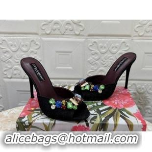 Good Product Dolce & Gabbana DG Denim Heel Slide Sandals 10.5cm with Crystal Stone Charm Black 325128