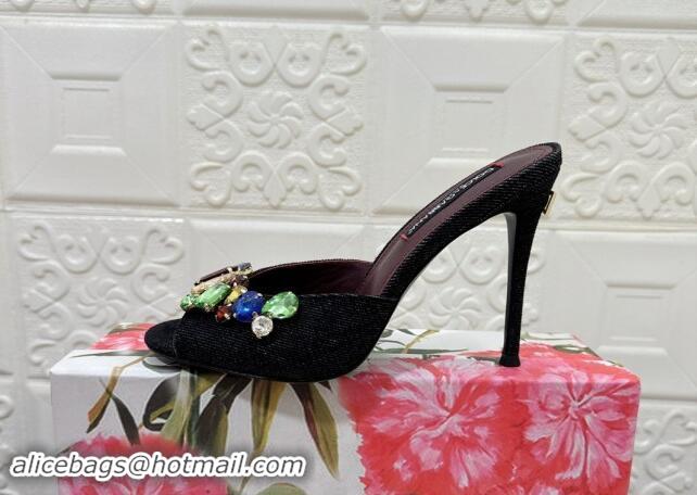 Good Product Dolce & Gabbana DG Denim Heel Slide Sandals 10.5cm with Crystal Stone Charm Black 325128