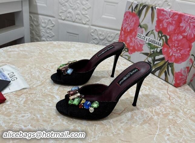 Good Product Dolce & Gabbana DG Denim Heel Slide Sandals 10.5cm with Crystal Stone Charm Black 325128