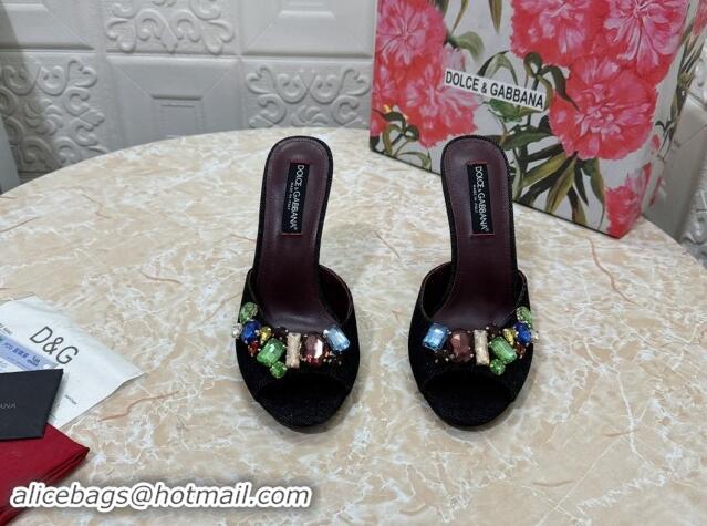 Good Product Dolce & Gabbana DG Denim Heel Slide Sandals 10.5cm with Crystal Stone Charm Black 325128