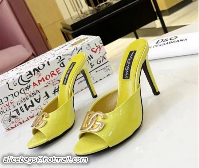 Stylish Dolce & Gabbana DG Patent Calfskin Heel Slide Sandals Yellow 506072