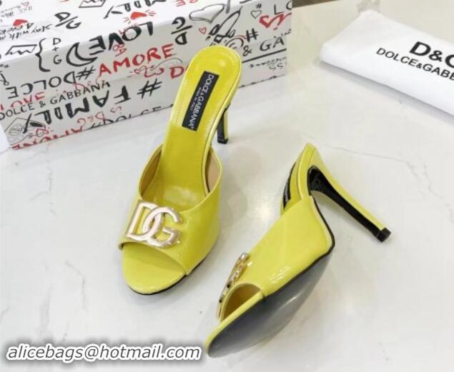 Stylish Dolce & Gabbana DG Patent Calfskin Heel Slide Sandals Yellow 506072