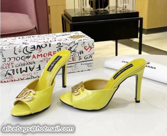 Stylish Dolce & Gabbana DG Patent Calfskin Heel Slide Sandals Yellow 506072