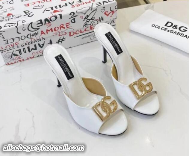 Low Cost Dolce & Gabbana DG Patent Calfskin Heel Slide Sandals White 506073