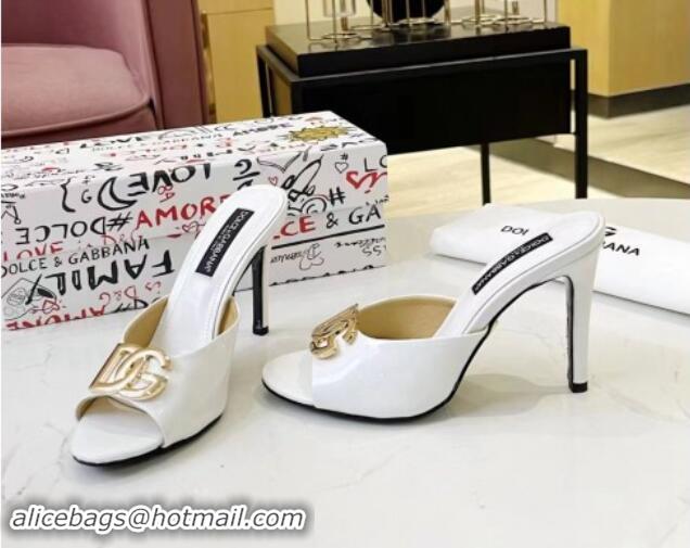 Low Cost Dolce & Gabbana DG Patent Calfskin Heel Slide Sandals White 506073