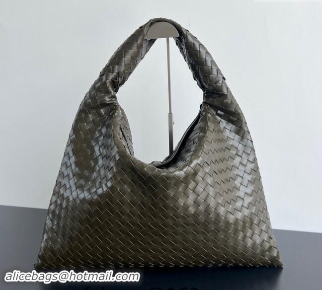 Famous Brand Bottega Veneta Large Hop Hobo Bag Intrecciato Calf Leather 763970 Dark Khaki Green 2024