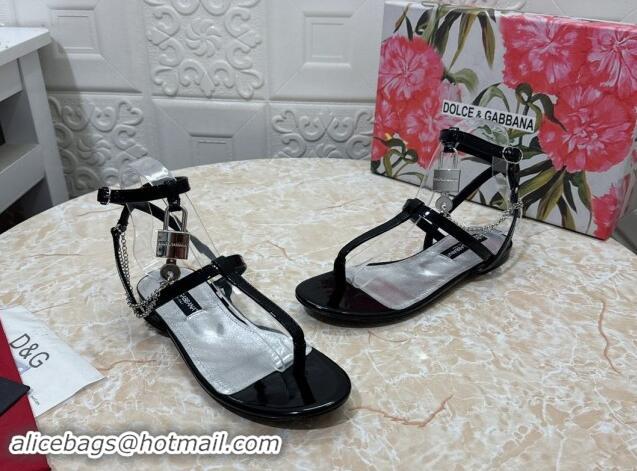 Stylish Dolce & Gabbana DG Karung Flat Thong Sandals with Chain Lock in Patent Leather Black 506081