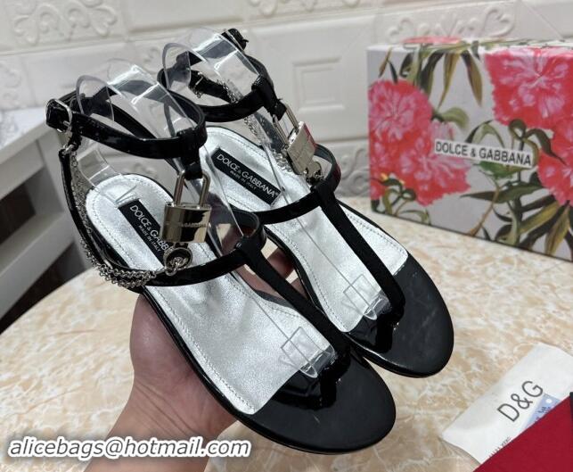 Stylish Dolce & Gabbana DG Karung Flat Thong Sandals with Chain Lock in Patent Leather Black 506081