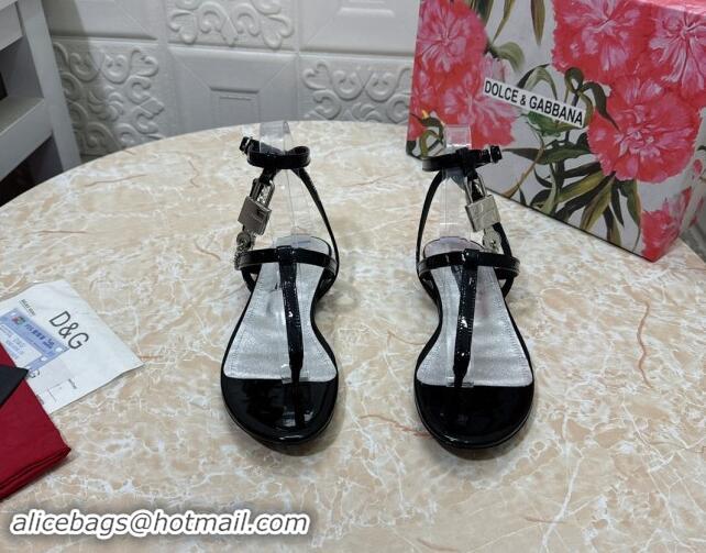 Stylish Dolce & Gabbana DG Karung Flat Thong Sandals with Chain Lock in Patent Leather Black 506081