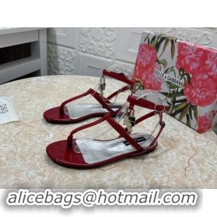 Perfect Dolce & Gabbana DG Karung Flat Thong Sandals with Chain Lock in Patent Leather Red 506082