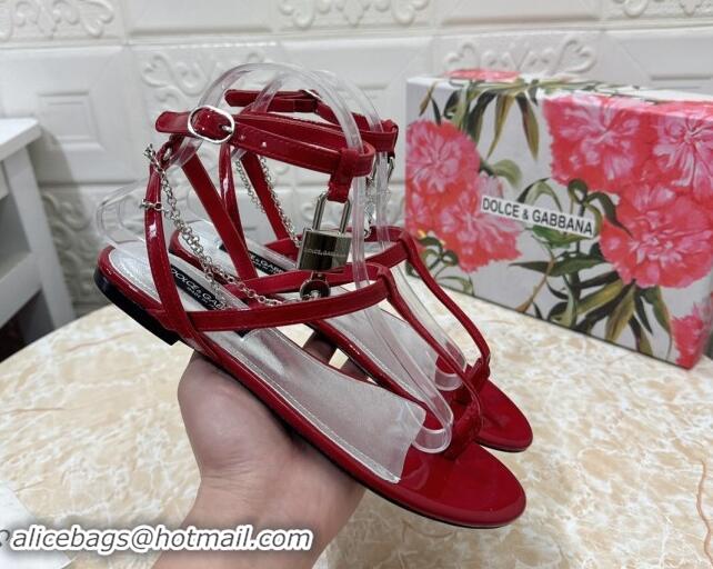 Perfect Dolce & Gabbana DG Karung Flat Thong Sandals with Chain Lock in Patent Leather Red 506082