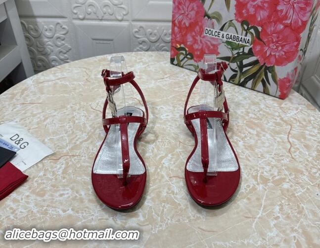 Perfect Dolce & Gabbana DG Karung Flat Thong Sandals with Chain Lock in Patent Leather Red 506082