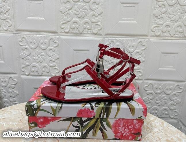 Perfect Dolce & Gabbana DG Karung Flat Thong Sandals with Chain Lock in Patent Leather Red 506082