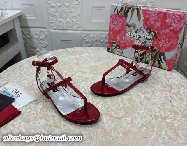 Perfect Dolce & Gabbana DG Karung Flat Thong Sandals with Chain Lock in Patent Leather Red 506082