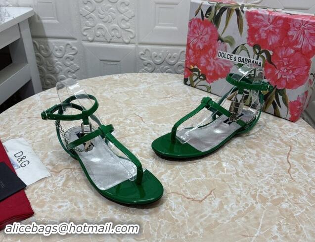 Classic Hot Dolce & Gabbana DG Karung Flat Thong Sandals with Chain Lock in Patent Leather Green 506083