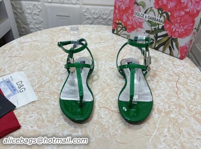 Classic Hot Dolce & Gabbana DG Karung Flat Thong Sandals with Chain Lock in Patent Leather Green 506083